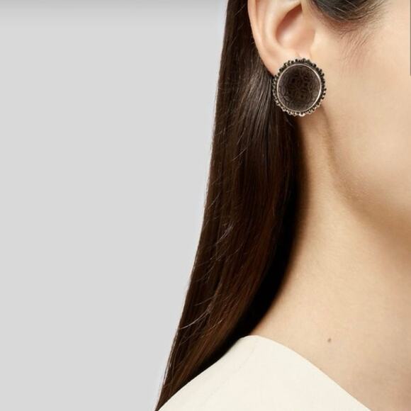 Stephen Dweck Designer Sterling Carved Smoky Quartz Oval Clip-On Floral Earrings - Picture 4 of 12